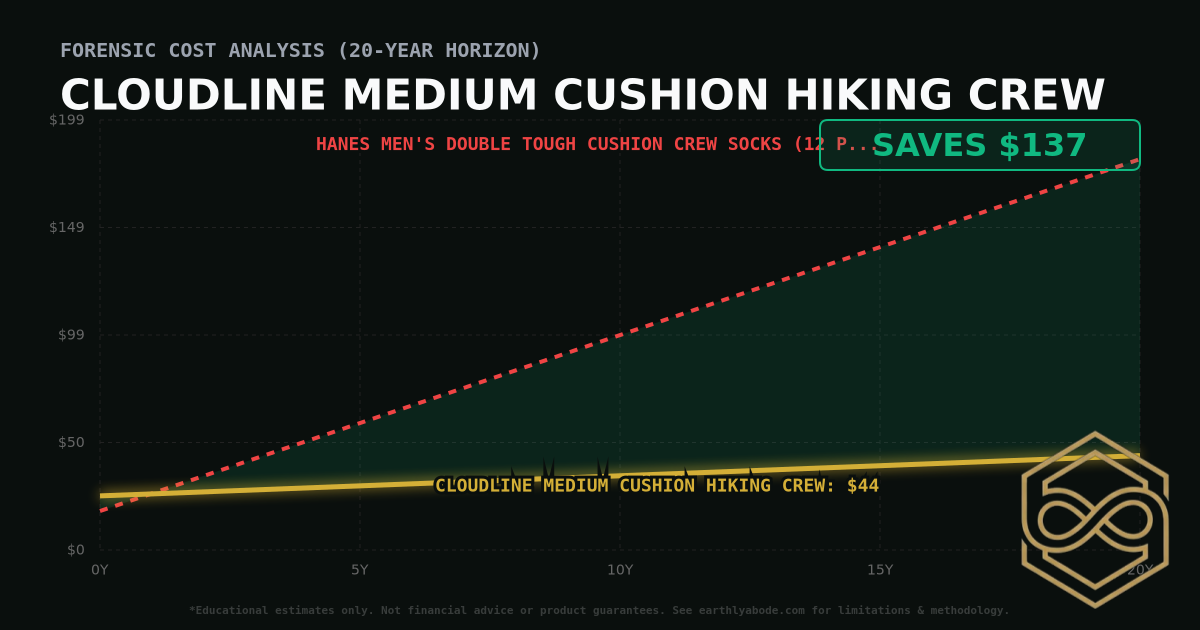 Cloudline Medium Cushion Hiking Crew TCO Chart: $44 vs Hanes Men's Double Tough Cushion Crew Socks (12 Pack)