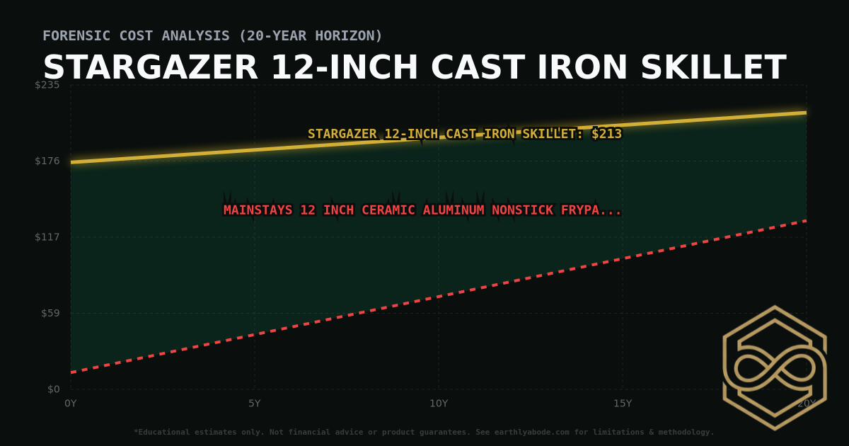 Stargazer 12-inch Cast Iron Skillet TCO Chart: $213 vs Mainstays 12 inch Ceramic Aluminum Nonstick Frypan