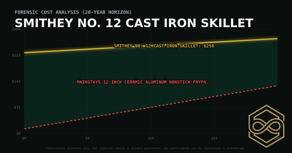 Smithey No. 12 Cast Iron Skillet TCO Chart: $258 vs Mainstays 12 inch Ceramic Aluminum Nonstick Frypan