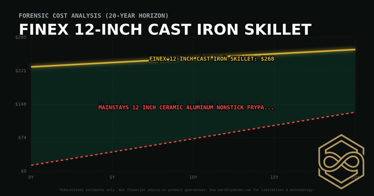 Finex 12-inch Cast Iron Skillet TCO Chart: $268 vs Mainstays 12 inch Ceramic Aluminum Nonstick Frypan