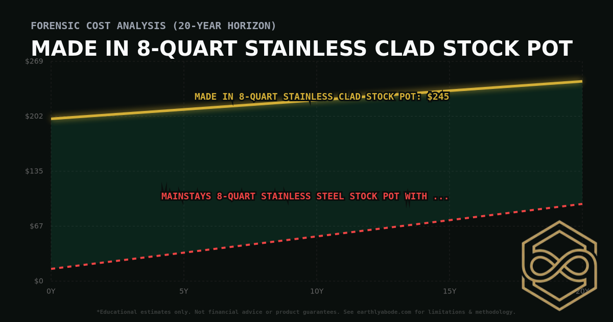 Made In 8-Quart Stainless Clad Stock Pot TCO Chart: $245 vs Mainstays 8-Quart Stainless Steel Stock Pot with Metal Lid