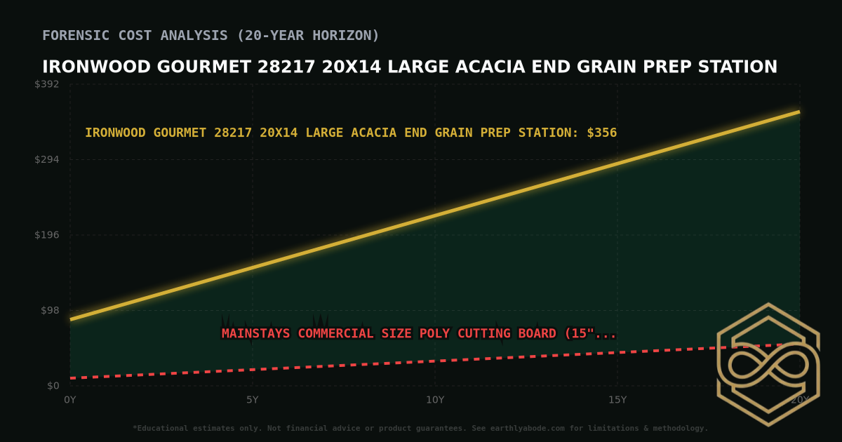 Ironwood Gourmet 28217 20x14 Large Acacia End Grain Prep Station TCO Chart: $356 vs Mainstays Commercial Size Poly Cutting Board (15" x 20")